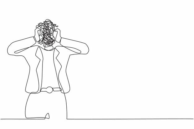 Una mujer de negocios con dibujos de línea continua con garabates redondos en lugar de una cabeza mujer estresada