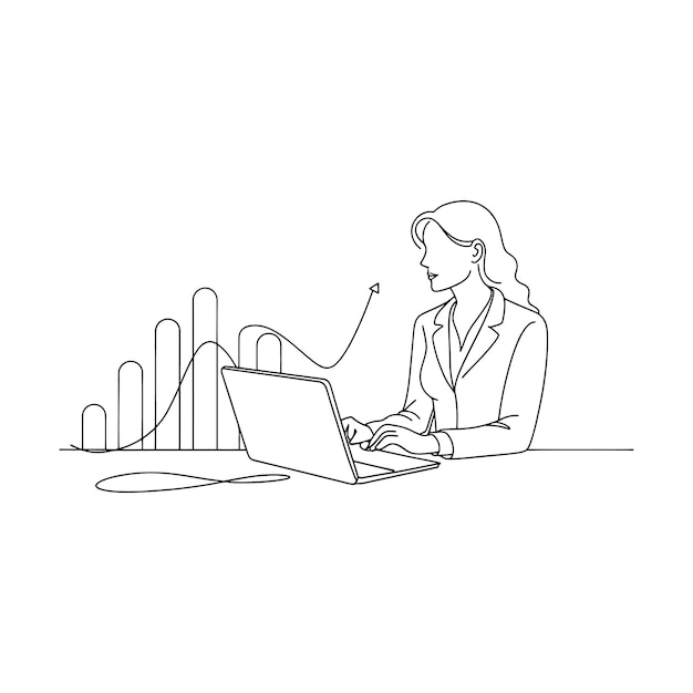 Mujer de negocios discutiendo el proyecto gráfico de datos de aprendizaje en la pantalla del portátil dibujo de líneas continuas animación de una sola línea de longitud completa