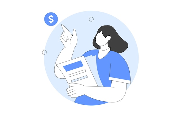 Mujer de negocios con documentos apunta al signo del dólar Ganando dinero Negocios Vector minimalista elegante
