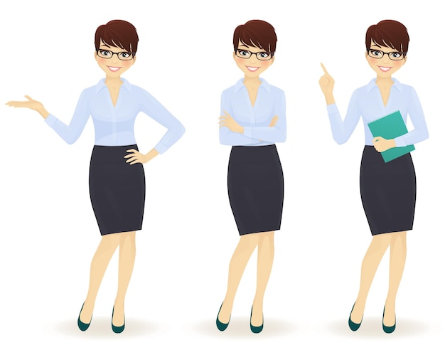 Vector mujer de negocios elegante en diferentes poses aislado