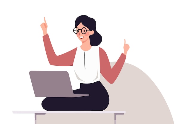 Una mujer de negocios encantada que sostiene una laptop levanta el dedo emocionada por un concepto innovador Una trabajadora alegre genera ideas mientras trabaja en una computadora Gráfico vectorial