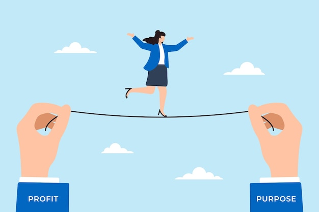 Mujer de negocios equilibrándose en la cuerda floja entre el concepto de ganancias y propósitos y las prácticas comerciales éticas