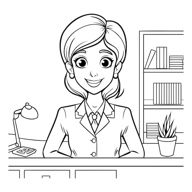 Vector mujer de negocios en el escritorio ilustración vectorial libro para colorear