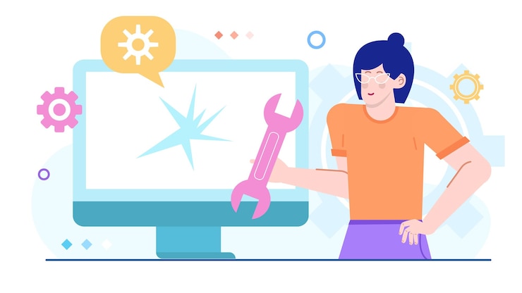 Vector una mujer de negocios está configurando y solucionando problemas de hardware y software
