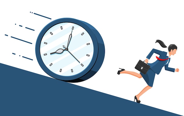 La mujer de negocios está corriendo rápido desde el gran reloj