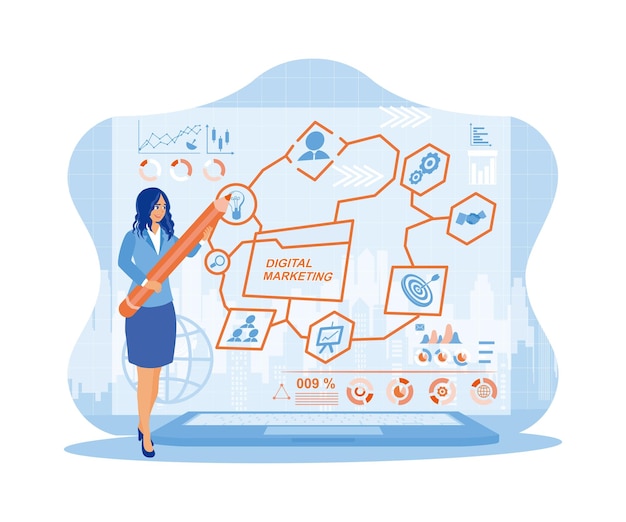 Una mujer de negocios está haciendo un plan de estrategia de marketing digital en la pantalla de la computadora portátil.