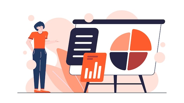 Una mujer de negocios está presentando sobre el aumento del negocio con diagrama y gráfico