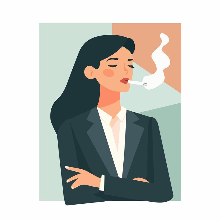 Vector una mujer de negocios estresada fuma un cigarrillo para aliviar el estrés