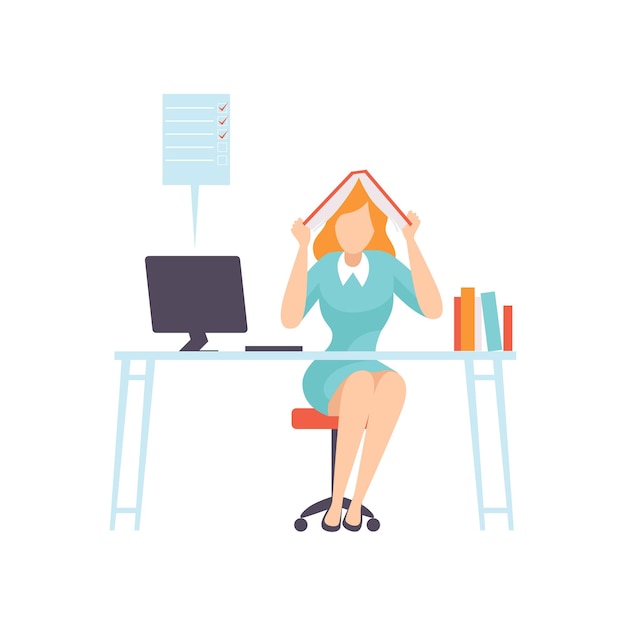 Mujer de negocios con exceso de trabajo sentada en la oficina con un libro en la cabeza carácter de empleado de negocios ilustración de vector de rutina diaria sobre fondo blanco