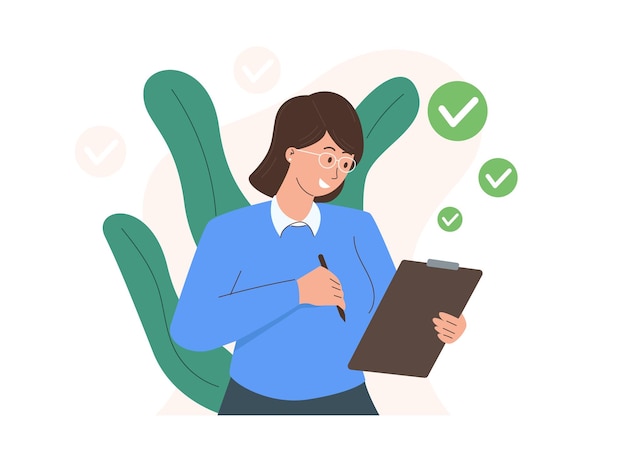 La mujer de negocios feliz hizo su trabajo como misión de visión