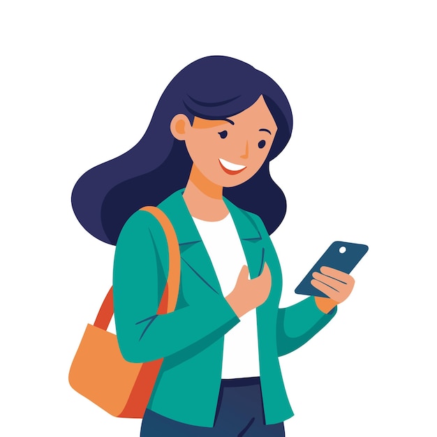 Mujer de negocios feliz leyendo un mensaje de texto en su teléfono mientras viaja al trabajo ilusión vectorial plana