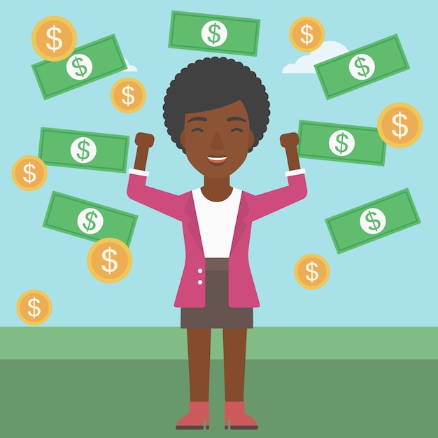 Mujer de negocios feliz bajo lluvia de dinero.
