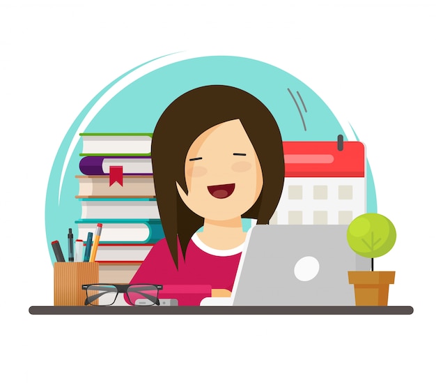 Vector mujer de negocios feliz trabajando y aprendiendo en el lugar de trabajo de oficina o persona femenina sentada en la mesa de trabajo con la computadora portátil y estudiando dibujos animados planos de ilustración