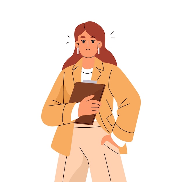Mujer de negocios feliz en traje de pie Mujer de negocio empleada sostiene la tableta en la mano Líder de trabajadores de oficina con ideas sonríe Gestión efectiva Ilustración de vector aislado plano en fondo blanco