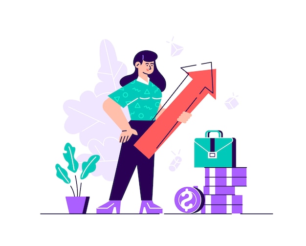 Vector mujer de negocios con flecha apuntando hacia arriba indicando éxito. ilustración de diseño moderno de estilo plano para página web, tarjetas, póster, redes sociales.