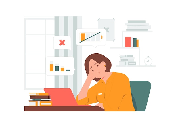 Mujer de negocios frustrada y cansada después del trabajo tocando su cabeza sintiéndose absolutamente estresada y agotada debido al exceso de trabajo. Ilustración del concepto de cansancio de plazo