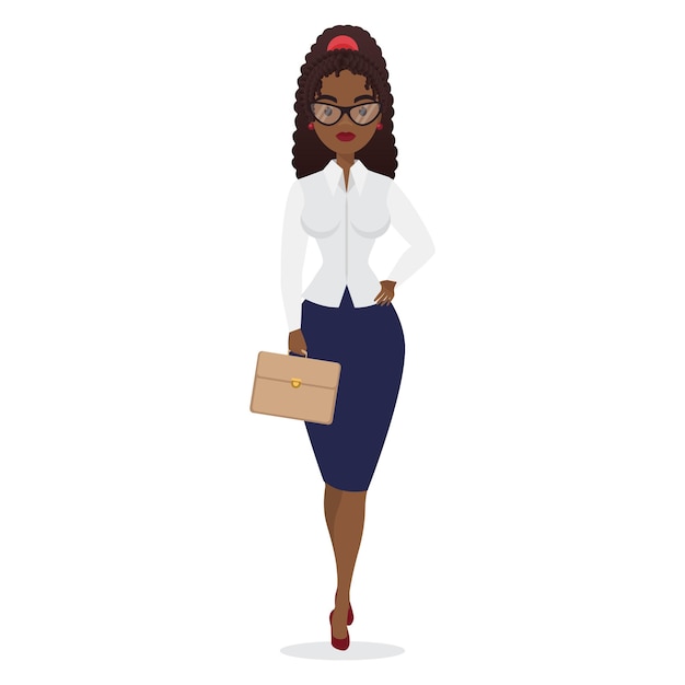 Mujer de negocios con gafas de pie con maletín personaje femenino confiado caminando