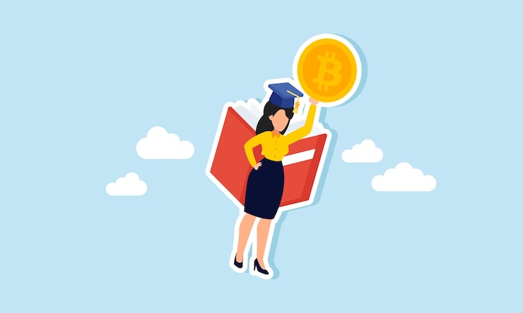 Vector una mujer de negocios graduada con una gorra de graduación volando usando un libro y sosteniendo una ilustración de bitcoin de alfabetización de bitcoin que permite el análisis del rendimiento de bitcoin