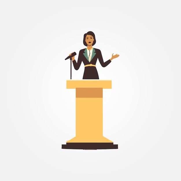 mujer de negocios hablando en la ilustración de vector de podio