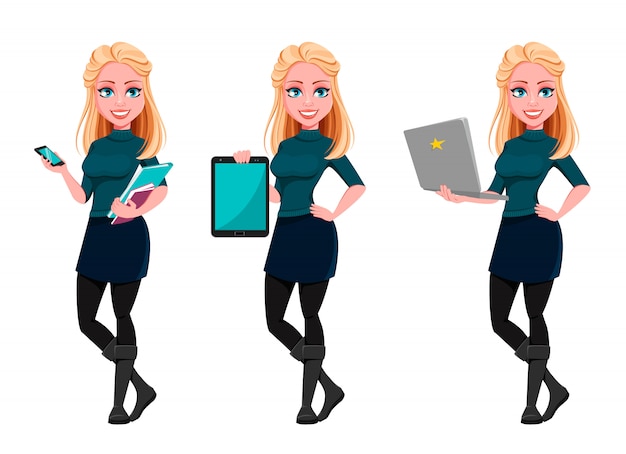 Mujer de negocios hermosa joven, conjunto de tres poses