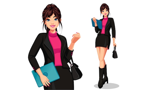 Vector mujer de negocios hermosa joven con laptop