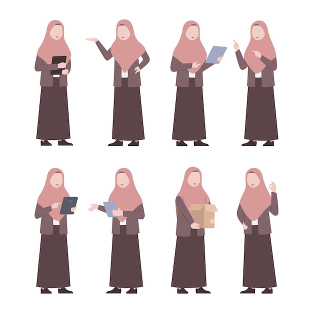 Mujer de negocios hijab islámico con varias poses ilustración vectorial