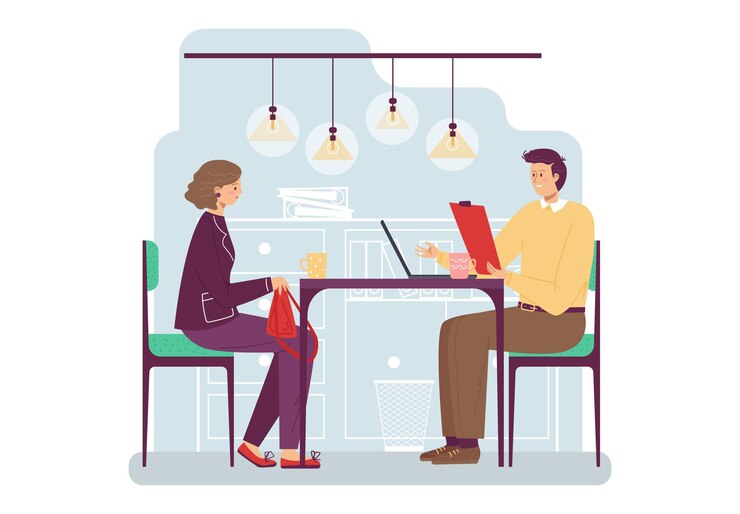 Vector mujer de negocios y hombre trabajando en una mesa de café, computadora portátil, café, reuniones casuales, profesionales trabajando.
