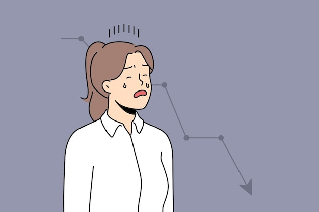 Mujer de negocios infeliz llora con gráfico baja