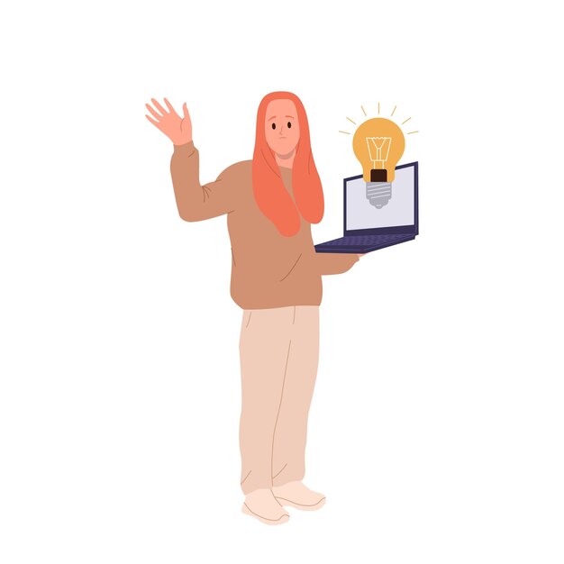 Una mujer de negocios inteligente, personaje de dibujos animados independiente que presenta una nueva idea creativa para un proyecto en línea
