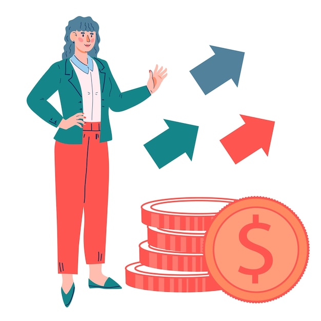 Mujer de negocios inteligente segura cerca de la pila de dinero ilustración de vector de dibujos animados plana aislada sobre fondo blanco Éxito financiero y carrera obteniendo ganancias e inversiones