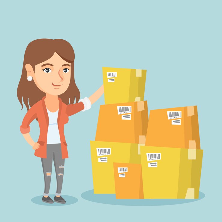 Vector mujer de negocios joven que controla las cajas en almacén.