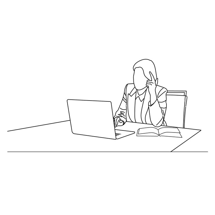 Vector mujer de negocios joven que trabaja en la computadora en un arte de línea vectorial de café aislado en un fondo blanco