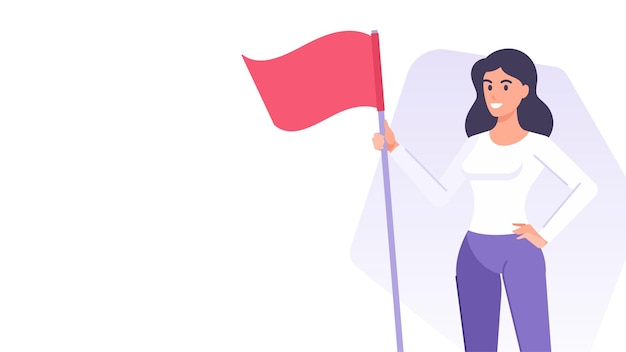 Mujer de negocios con liderazgo de bandera roja ganar bandera de victoria plantilla de diseño de ilustración plana vectorial