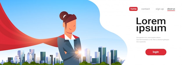 mujer de negocios, llevando, rojo, super héroe, capa, aterrizaje, página