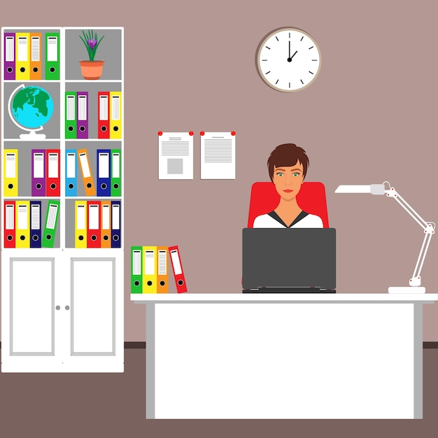 mujer de negocios, en, el, lugar de trabajo, escritorio, computadora portátil, gabinete, lámpara, silla, pared, reloj, globo, carpetas