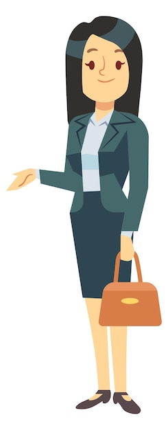 Mujer de negocios con maleta en reunión. Personaje animado