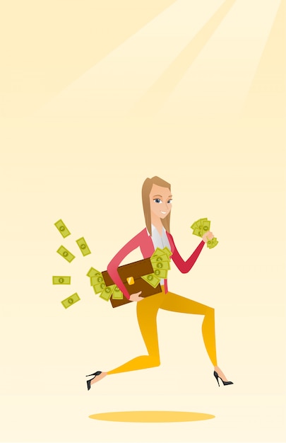 Vector mujer de negocios con maletín lleno de dinero.