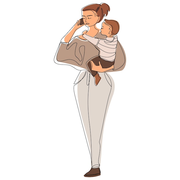 Mujer de negocios Mamá hablando por teléfono con un bebé en sus brazos Arte lineal Ilustración vectorial.
