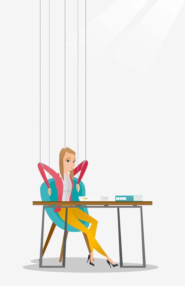 Vector mujer de negocios marioneta en cuerdas de trabajo.