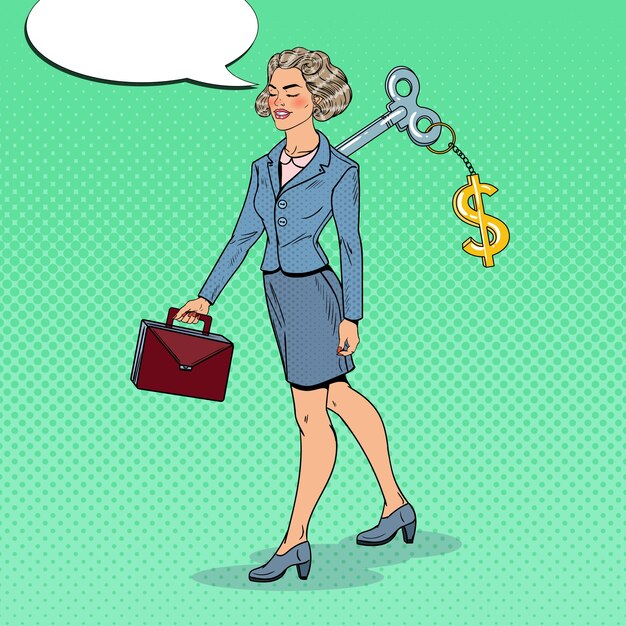 Mujer de negocios mecánica con llave de signo de dólar