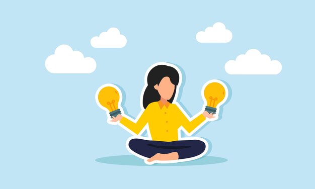 Una mujer de negocios medita mientras sostiene lámparas en ambas manos ilustración de contemplar formas de generar ideas de negocio e innovaciones