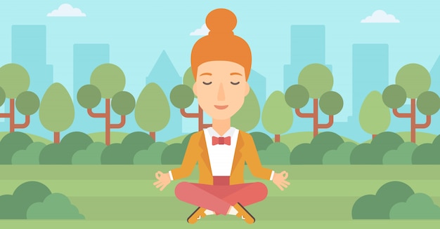 Vector mujer de negocios meditando en posición de loto.