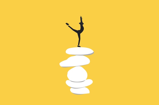 Vector mujer de negocios meditar en pose de yoga y equilibrar el concepto de pila de roca de vida equilibrio vida bienestar y concentración concepto eps10 vector ilustración