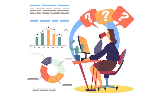 Mujer de negocios en una mesa usando una computadora portátil haciendo la tarea estudiando trabajos femeninos jóvenes en línea Artículo de escritura independiente haciendo tareas bebiendo café trabajo científico ilustración vectorial plana