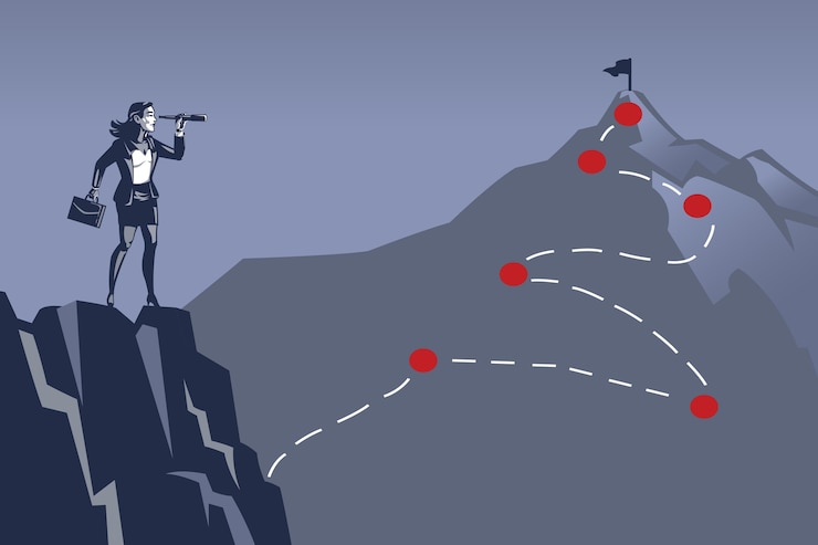 Vector mujer de negocios mirando a la cima de la montaña con binoculares. concepto de ilustración de objetivo o destino empresarial difícil de conseguir