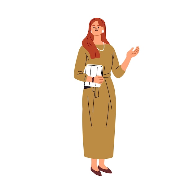 Mujer de negocios moderna hablando Joven oradora de negocios Mujer empresaria vestida hablando presentando gestos Trabajadora de oficina Ilustración vectorial plana aislada sobre fondo blanco