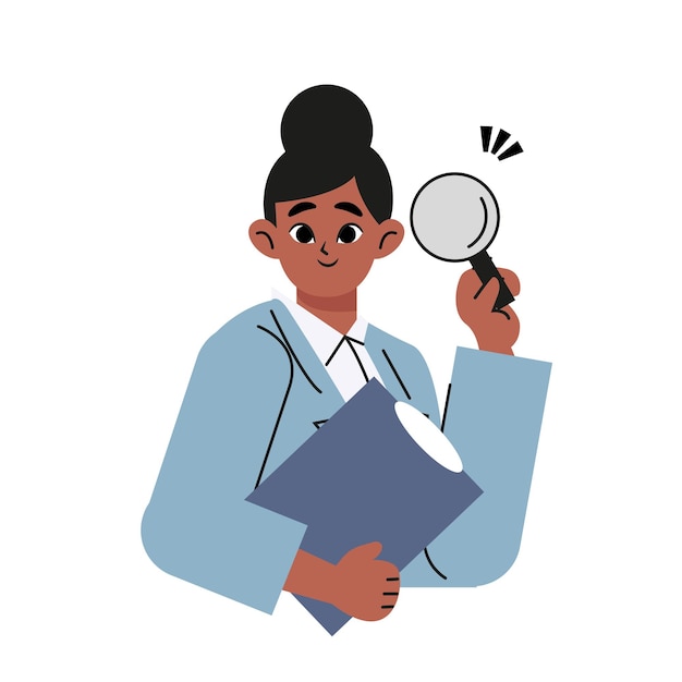 Vector mujer de negocios. una mujer está haciendo observaciones con una lupa. ilustraciones vectoriales de estilo plano