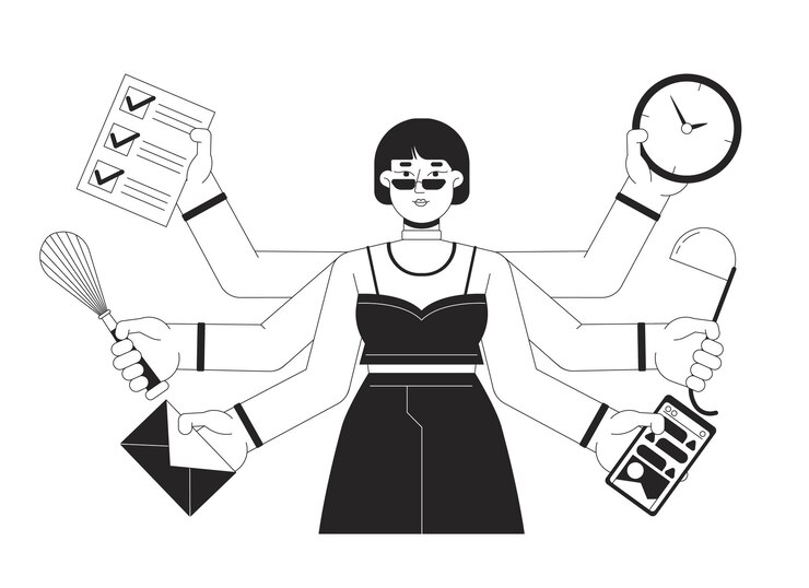 Mujer de negocios multitarea bw concepto de ilustración de puntos vectoriales sosteniendo diferentes artículos