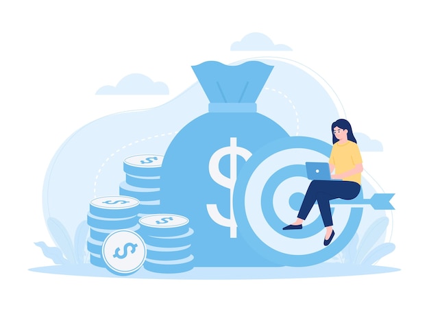Mujer de negocios objetivo de negocios trabajando en una ilustración plana del concepto de tendencia de computadora portátil