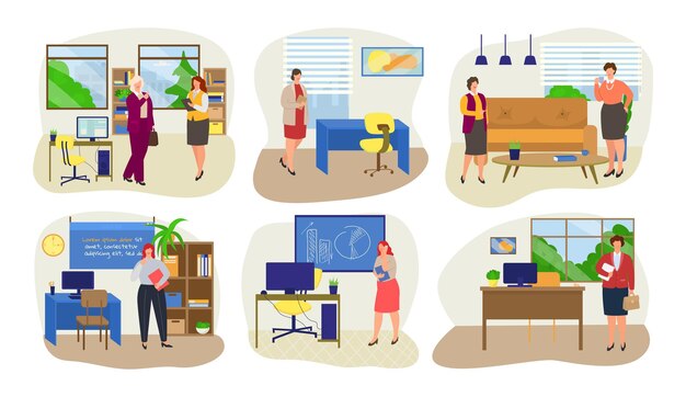 Mujer de negocios en oficina conjunto vector ilustración mujer personaje trabajo en empresa de negocios corporativos i ...